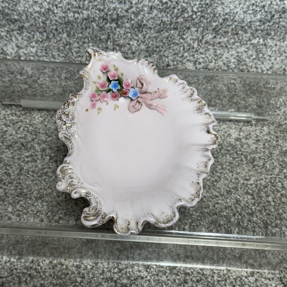 Vintage Pink Lefton China Trinket Dish Hand Painted 3D Floral Shabby Chic
